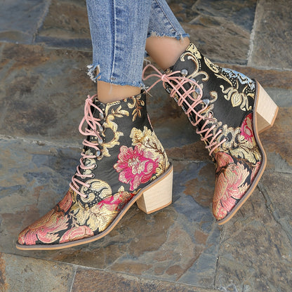 Women's Vintage Flower Boots, Lace Up Chunky Heel Western Cowboy Boots, Point Toe Stylish Chelsea Boots fall