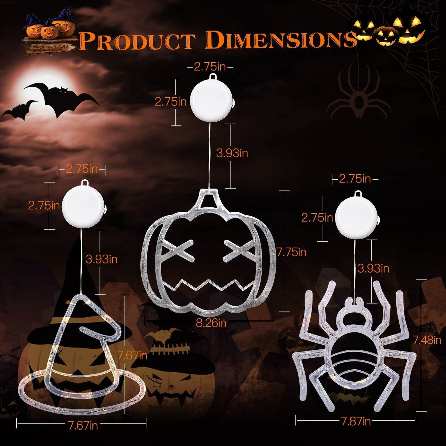 Lot de 3 lumières d'Halloween pour fenêtre, araignée, chapeau de sorcière, citrouille, avec lumière orange, décoration d'Halloween à suspendre avec ventouse et trous de suspension.
