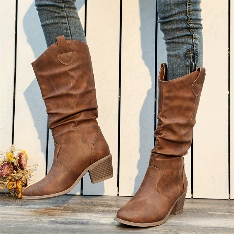 Women's Slouchy Cowboy Boots, Retro Chunky Low Heeled Pull On Western Boots, V-cut Mid Calf Boots