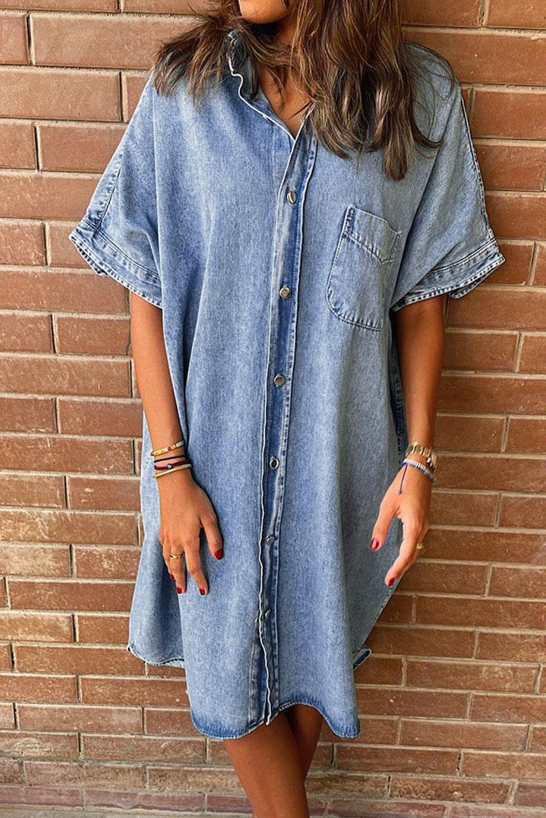 Women's Solid Color Single Row Multi-buckle loose Dress Short Sleeve Denim