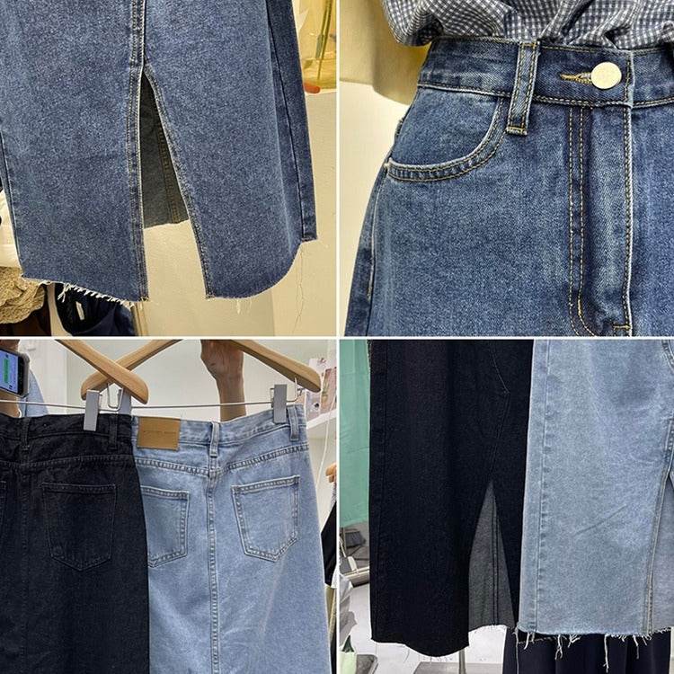 Casual Front Slit Dark Blue and Light Blue Denim Midi Skirt for women