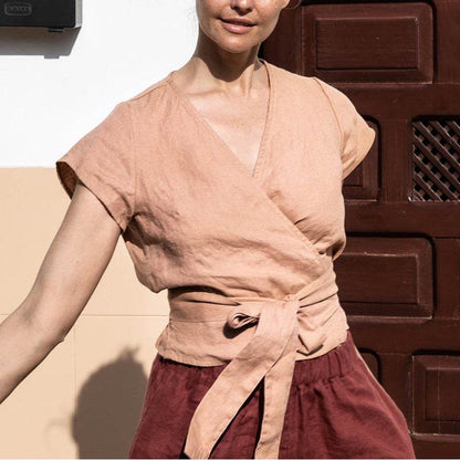 Casual Summer Lace-up Cotton Linen V-neck Top Short-sleeved blouse top women