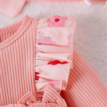 One-piece Romper Pants Bow Headdress Suit Baby girl casual pink romper with head bowtie