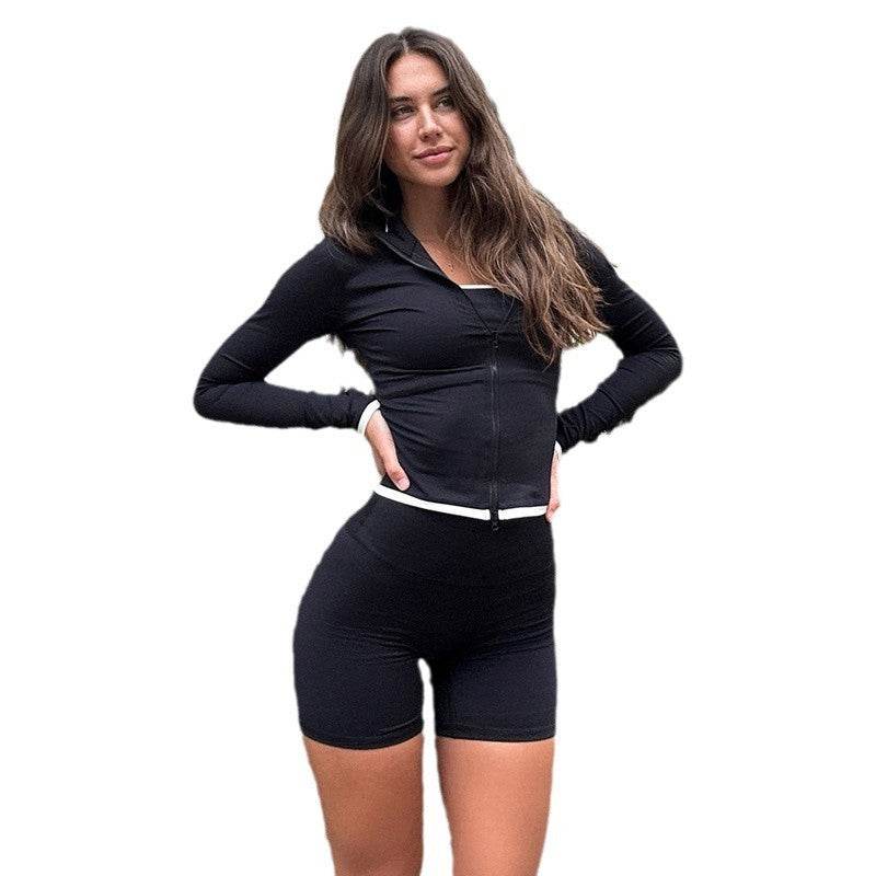 American 3pcs Fashion Workout Clothes set Zipper Long Sleeve Cardigan+ Vest+ short pant