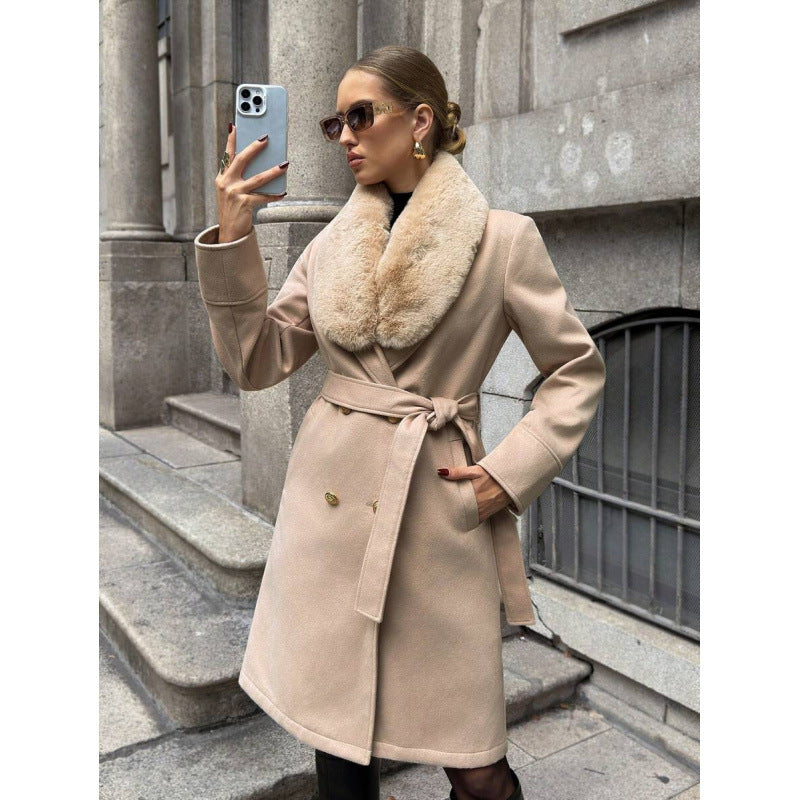 Women’s Elegant Double-Breasted Trench Coat with Tie Belt – Classic Longline Outerwear Jacket