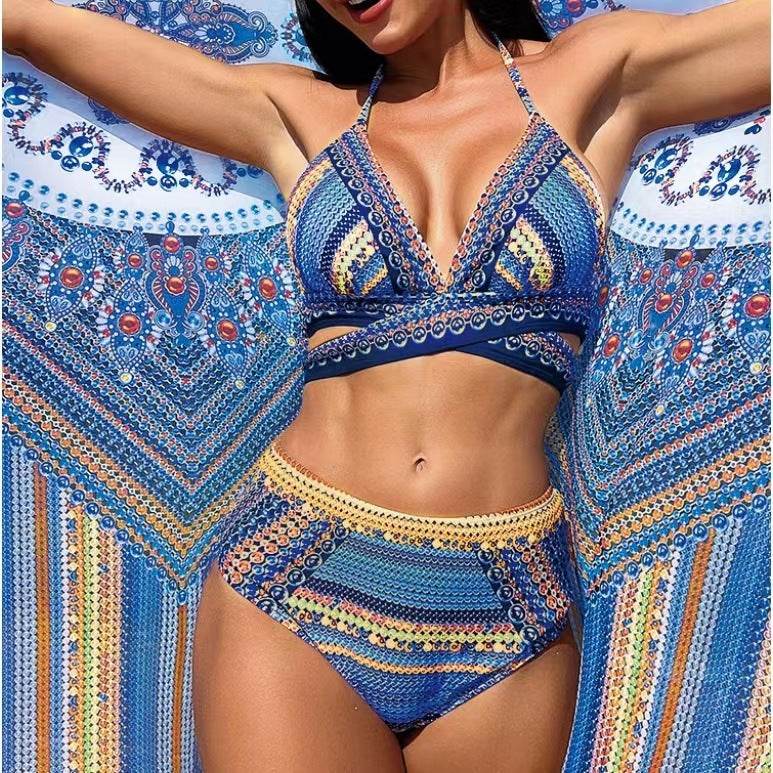 Women's Split Cross Strap Retro Ethnic Style Swimsuit