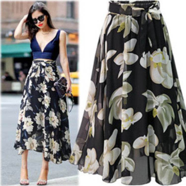 Jupe Longue Formelle Femme Taille Haute Florale Évasée en Mousseline de Soie pour le Bureau