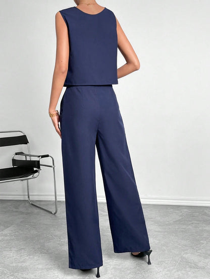 Women's Sleeveless Round Neck Crop Top & Wide Leg Pants Two-Piece Set – Casual Solid Color Office Wear Outfit