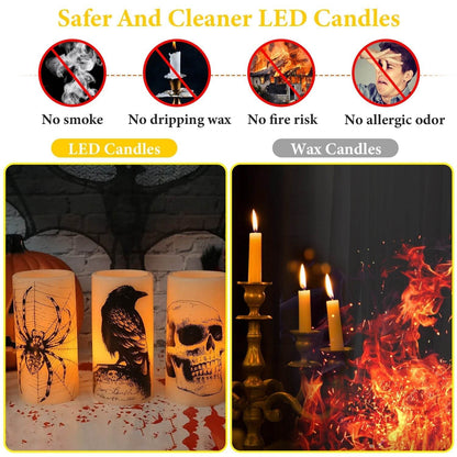 Lot de 3 bougies sans flamme d'Halloween avec minuterie, fonctionnant sur piles, lumières orange chaudes pour la décoration de fête d'Halloween.