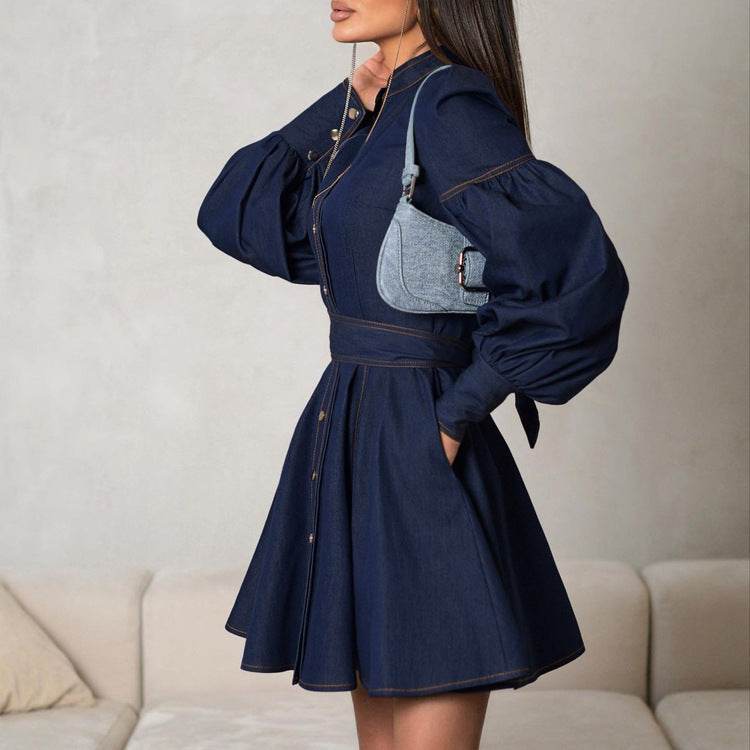 Classy Fashion Lantern Sleeve Button down Denim Shirt flared Mini Dress