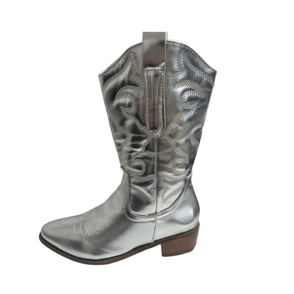 Solid Color Women's Low Heeled Embroidery Cowboy Boots, Pointed Toe V-cut Chunky Retro Mid Calf Western Boots