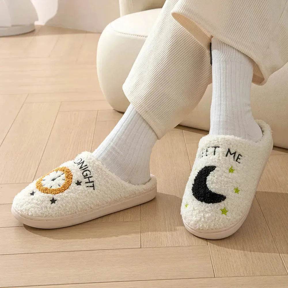 Chaussons d'intérieur imprimés lune et horloge, pantoufles chaudes d'hiver pour chambre à coucher pour femmes
