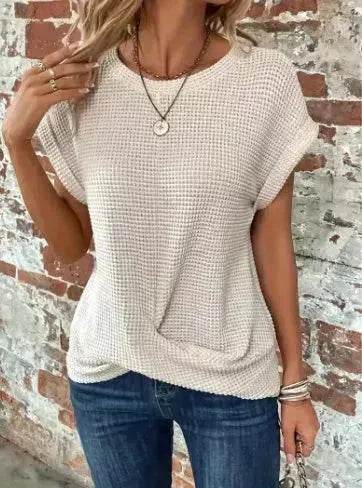 Chemise gaufrée décontractée d'été à manches courtes, Nouveau haut de soirée décontracté de couleur unie pour femme