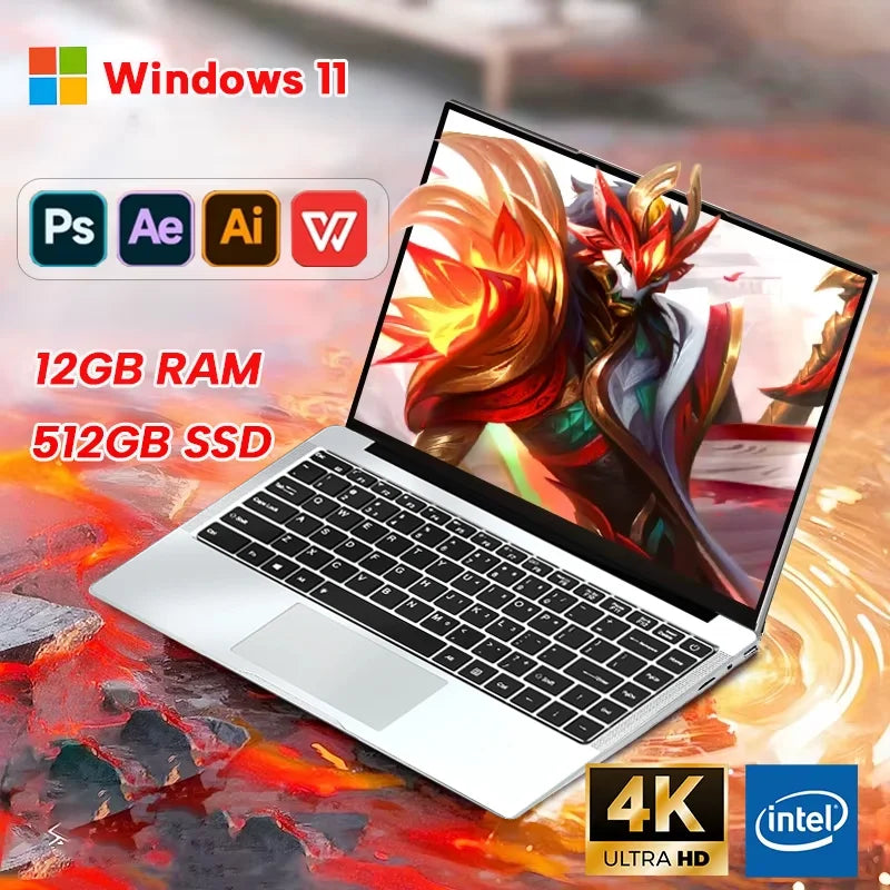 FUCHU Portable Office Laptop 14.1" 12GB RAM Intel ATOM X7 A3950 Windows 11 Notebook Learn Recreation Entertainment Laptops