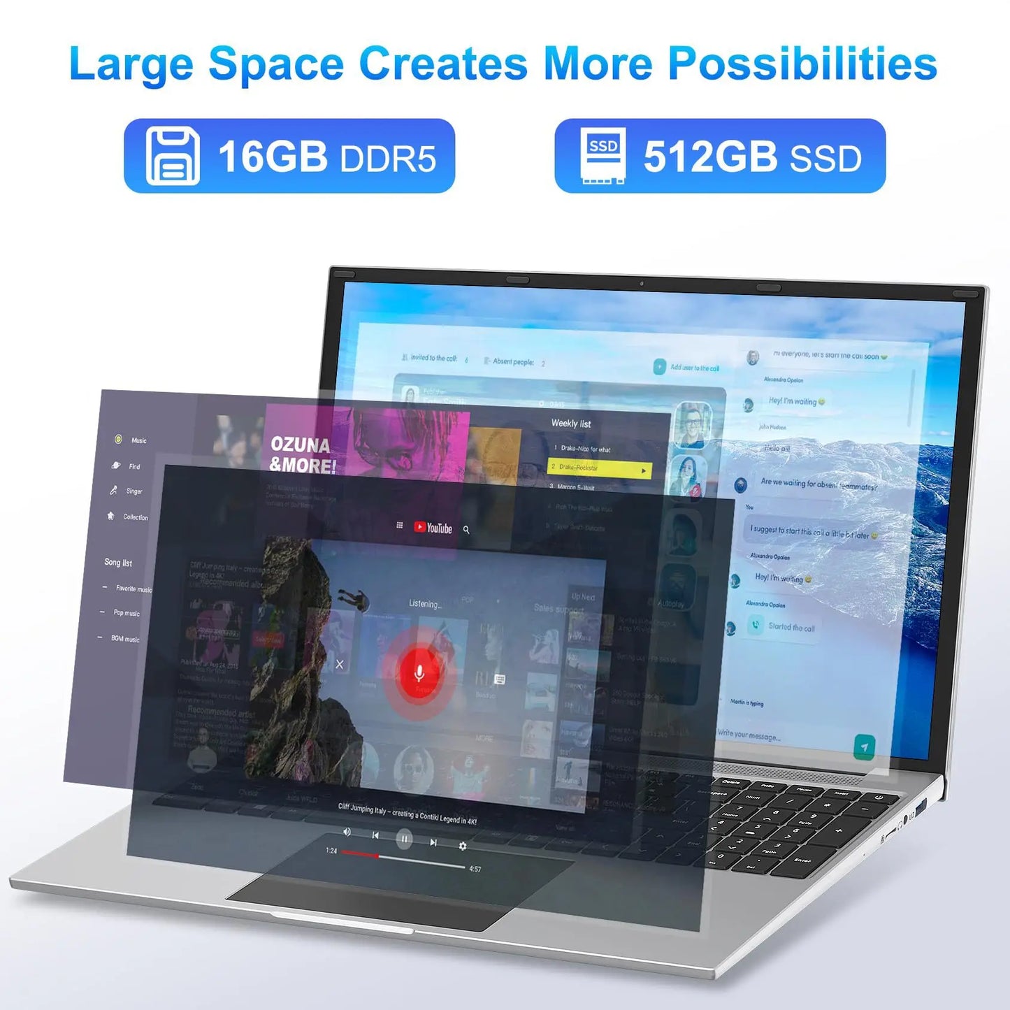 2025 New 17.3" Laptop 16GB RAM 512GB 1TB SSD Intel N5095 Portable Notebook Lightweight Backlit Keyboard Fingerprint Windows 11