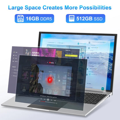 2025 New 17.3" Laptop 16GB RAM 512GB 1TB SSD Intel N5095 Portable Notebook Lightweight Backlit Keyboard Fingerprint Windows 11