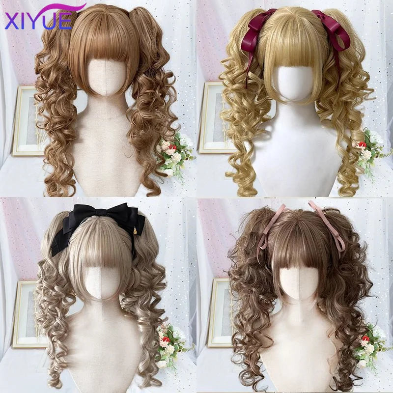 Perruque Lolita synthétique coupe princesse avec double queue de cheval et frange pour fille, couleurs ombrées blond marron blanc gris, pour Cosplay Halloween Harajuku