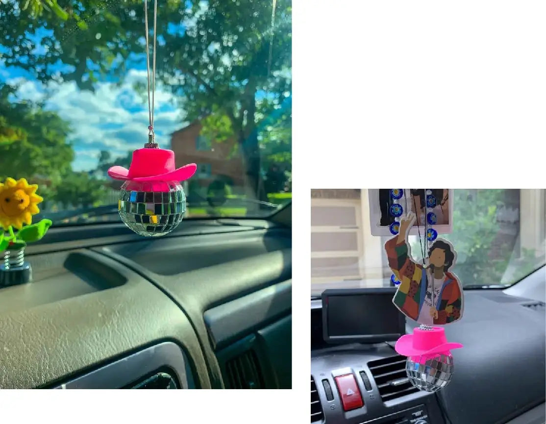 Chapeau de Cowboy Rose Vache Pendentif de Voiture Rétroviseur Boule Disco Bling Porte-clés Accessoires Western Décoration de Sac Rénovation de Voiture