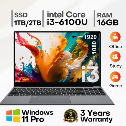 Erilles 15.6 "Intel Core i3 6100U Laptop Computer Windows 11 16GB RAM 512GB 1TB SSD Portable Notebook PC Office Study Laptops