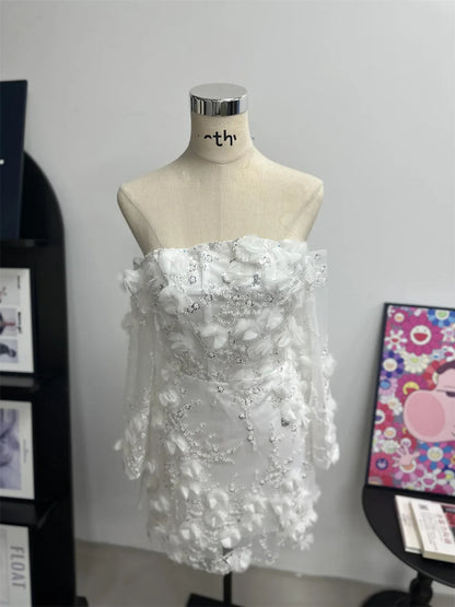 Amanda Customized Bead String Strapless robes de soirée Appliques Thigh-Length Evening Dresses Valentines Day Wedding Dress