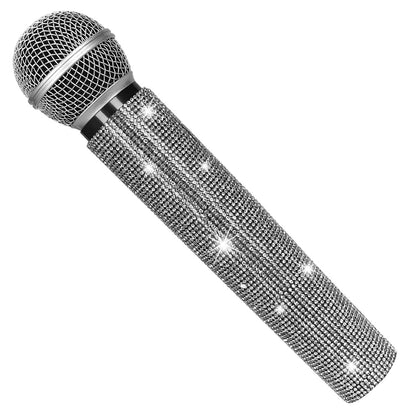 Fake Microphone Prop Sparkly Bling Rhinestones Plastic Play Microphone Pretend Glitter Bedazzled Mic for Cosplay Party Costume
