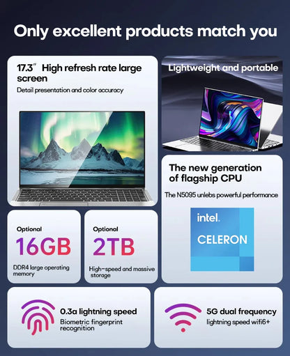 17.3" Gaming Laptop Computer PC Windows 11 Pro Intel Celeron N5095 Laptops Discrete Graphics 16GB DDR4 1TB SSD Notebook PC Gamer
