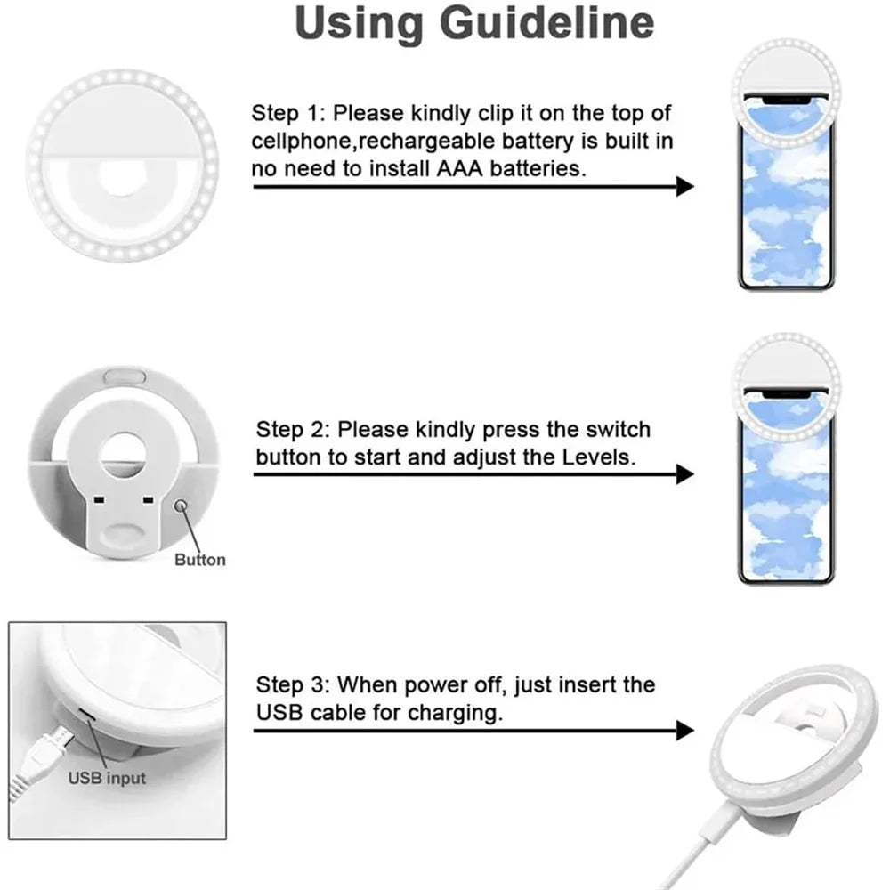 Lampe LED portable avec chargeur USB pour objectif de téléphone, anneau lumineux pour Selfie, diffusion en direct, vidéo, lumière d'appoint pour tous les smartphones