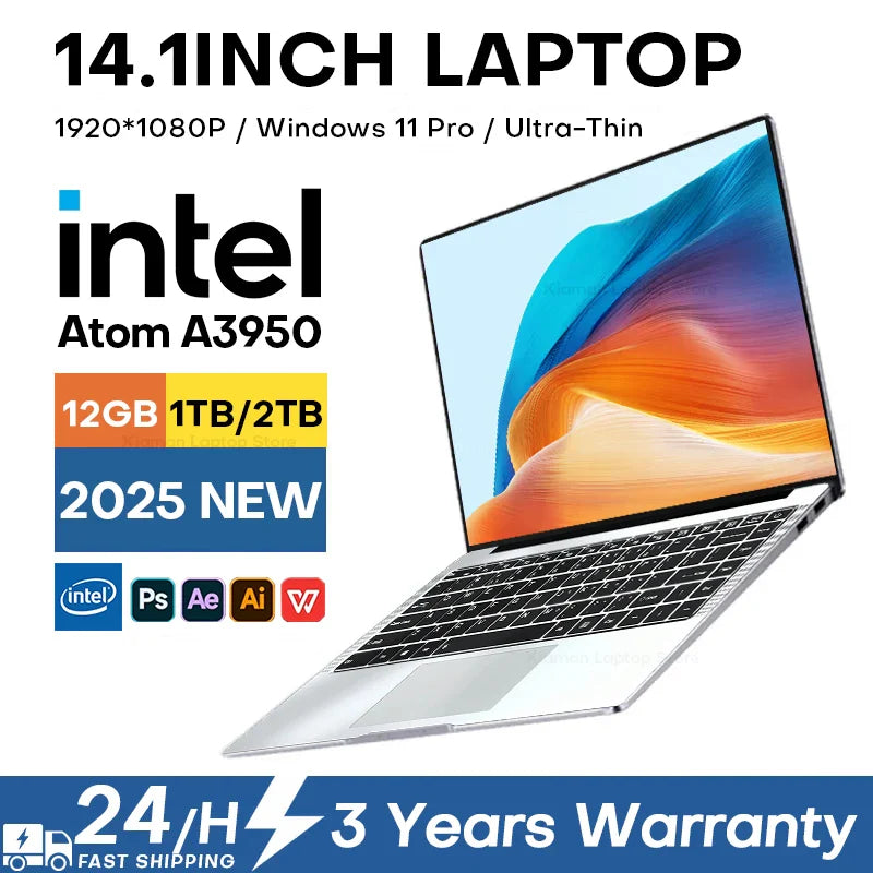 Erilles Laptop Computer Windows 11 Pro Intel Atom A3950 2025 Notebook PC 12GB RAM 512GB 1TB 2TB SSD 1080P Office Study Computer