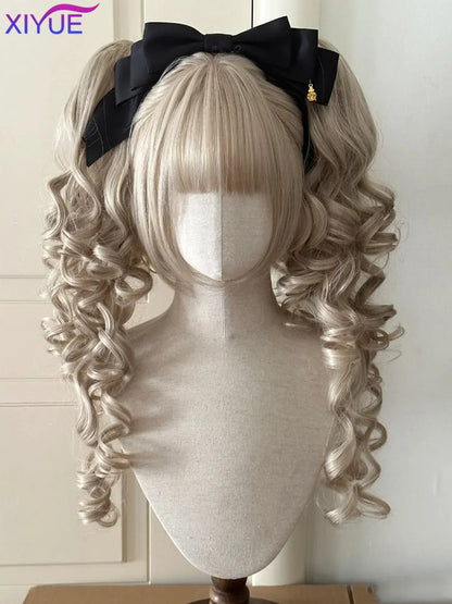 Perruque Lolita synthétique coupe princesse avec double queue de cheval et frange pour fille, couleurs ombrées blond marron blanc gris, pour Cosplay Halloween Harajuku