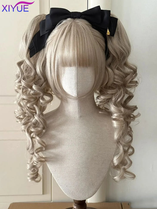 Synthetic Princess Cut Double ponytail Lolita Wig with Bangs Girl Ombre Blonde brown White gray Cosplay Halloween Harajuku wig