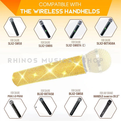 Housse de microphone en strass scintillants, manchon décoratif pour micro sans fil, doré, argent, rouge, pour discothèque, scène, fête, émission de télévision