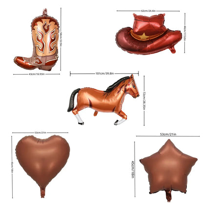 7 Pieces Western Cowboy Horse Aluminum Balloon Set with Simulated Cowboy Hat, Horse and Boots for Birthday Party Decoration.