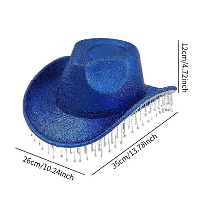 Chapeau de cowboy à large bord avec franges en strass pour femme, accessoire de fête, de cosplay, pour les fêtes, les spectacles en plein air