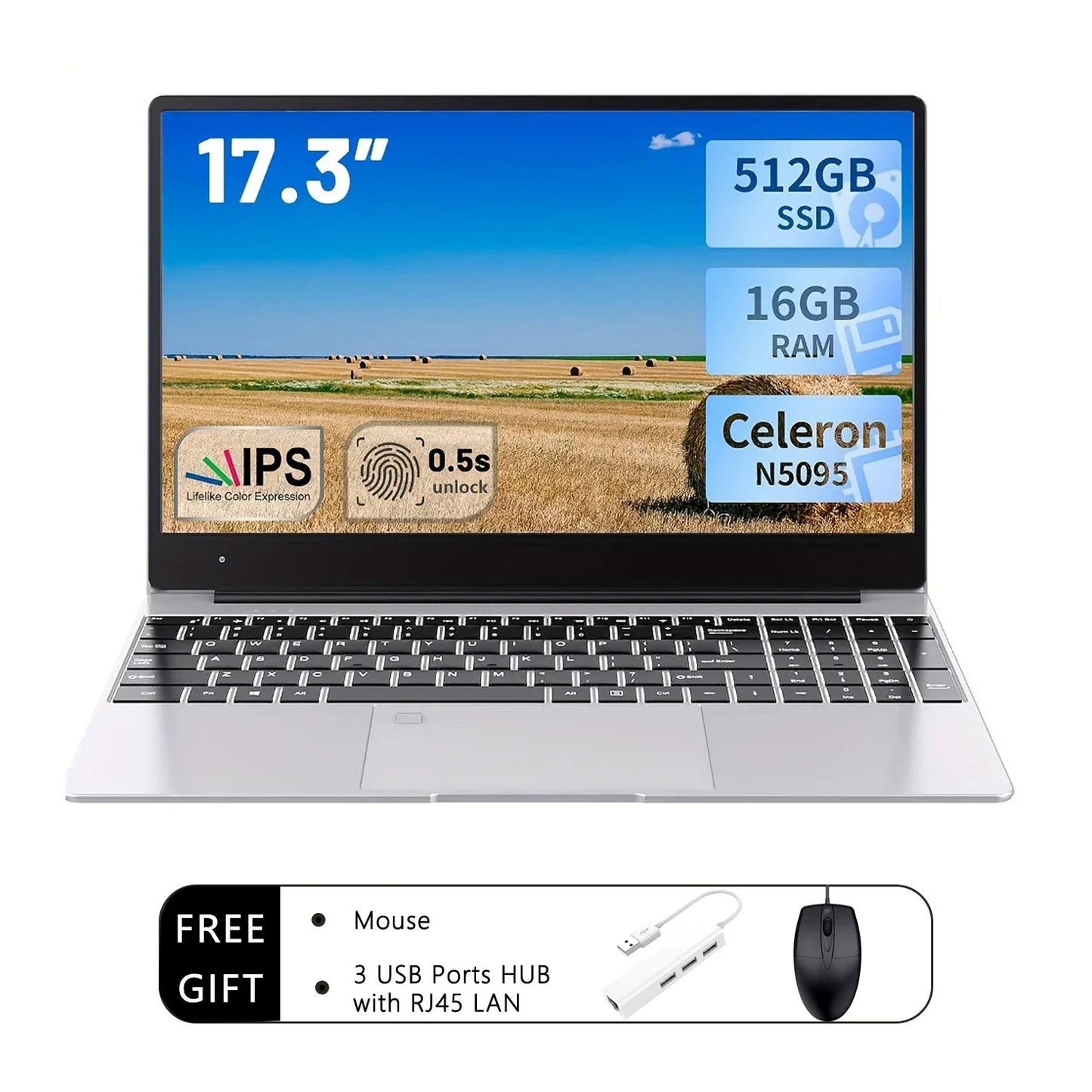 2025 New 17.3" Laptop 16GB RAM 512GB 1TB SSD Intel N5095 Portable Notebook Lightweight Backlit Keyboard Fingerprint Windows 11