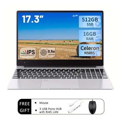 2025 New 17.3" Laptop 16GB RAM 512GB 1TB SSD Intel N5095 Portable Notebook Lightweight Backlit Keyboard Fingerprint Windows 11