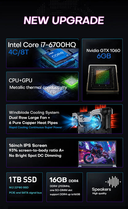 Ordinateur portable de jeu Xiaman 16" Intel Core i7-6700HQ GTX 1060 IPS 1920*1200 PC portable 16 Go DDR4 1 To SSD Windows 11