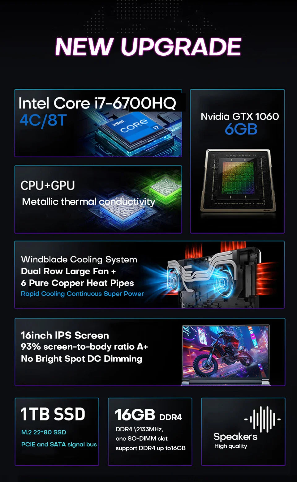 Xiaman 16" Gaming Laptop intel Core i7-6700HQ GTX 1060 IPS 1920*1200 Notebook PC 16GB DDR4 1TB SSD Windows 11 Laptop Computer