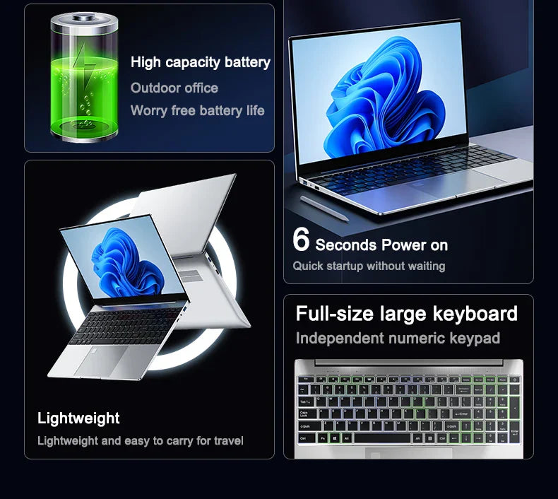 PC portable ultra fin 15,6" N95 32 Go RAM 2048 Go SSD Ordinateur portable Gamer Batterie 7500 mAh Ordinateur de bureau/d'étude Windows 11 Pro