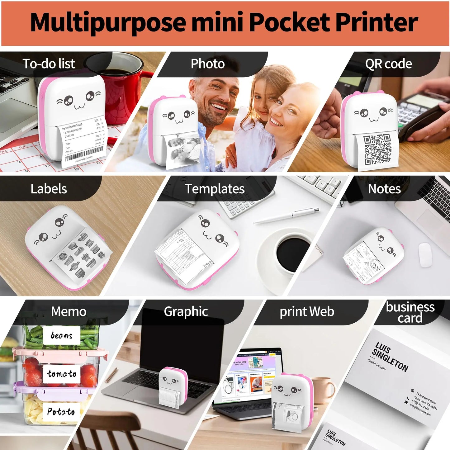 Portable Mini Thermal Printer Photo Printer Business/Home No Ink Required To Print Small Ticket/Labels/Picture Imprimante 203PDI
