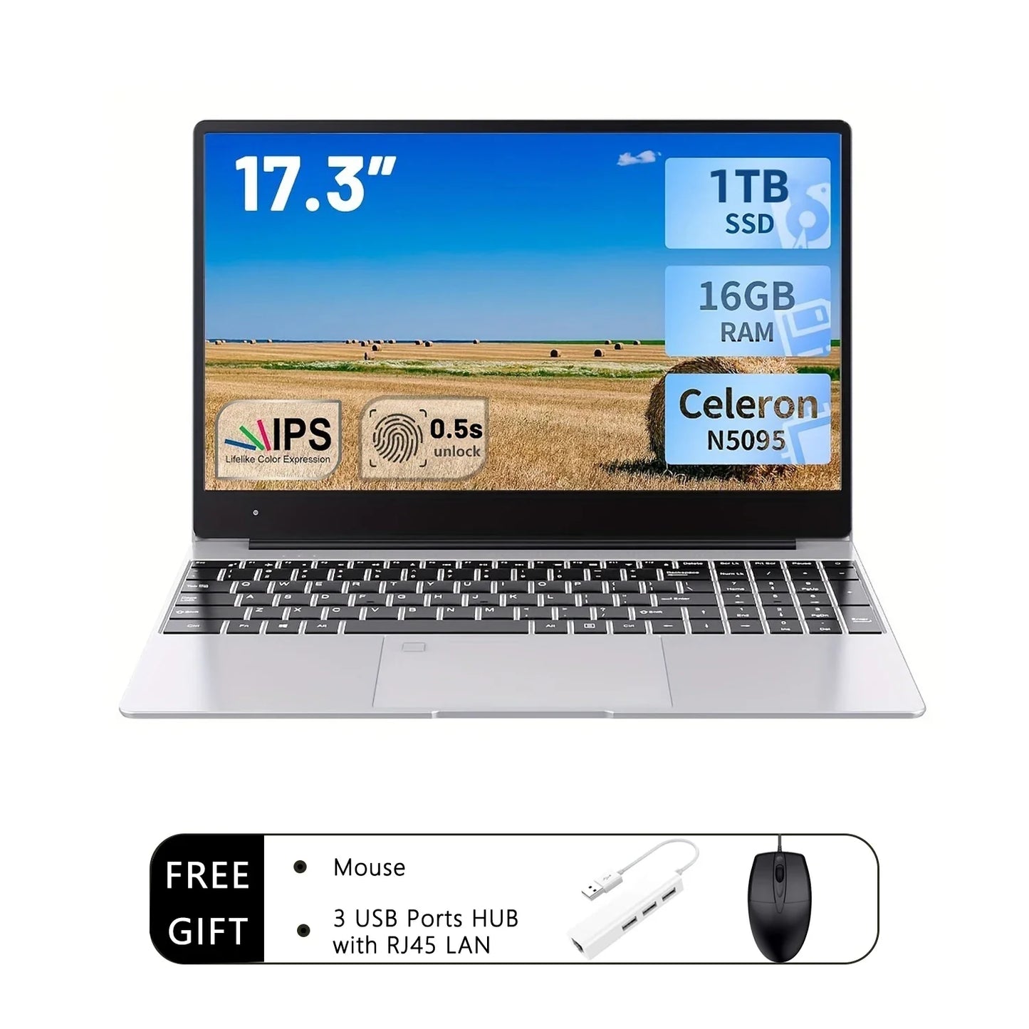 2025 New 17.3" Laptop 16GB RAM 512GB 1TB SSD Intel N5095 Portable Notebook Lightweight Backlit Keyboard Fingerprint Windows 11