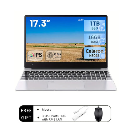 2025 New 17.3" Laptop 16GB RAM 512GB 1TB SSD Intel N5095 Portable Notebook Lightweight Backlit Keyboard Fingerprint Windows 11
