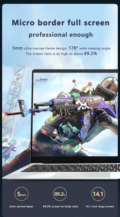 14.1'' Laptop Windows 11 Intel Atom x7 A3950 180° Folding Slim Laptop 12GB RAM 512GB 1TB SSD 1920*1080 Office Study Computer PC