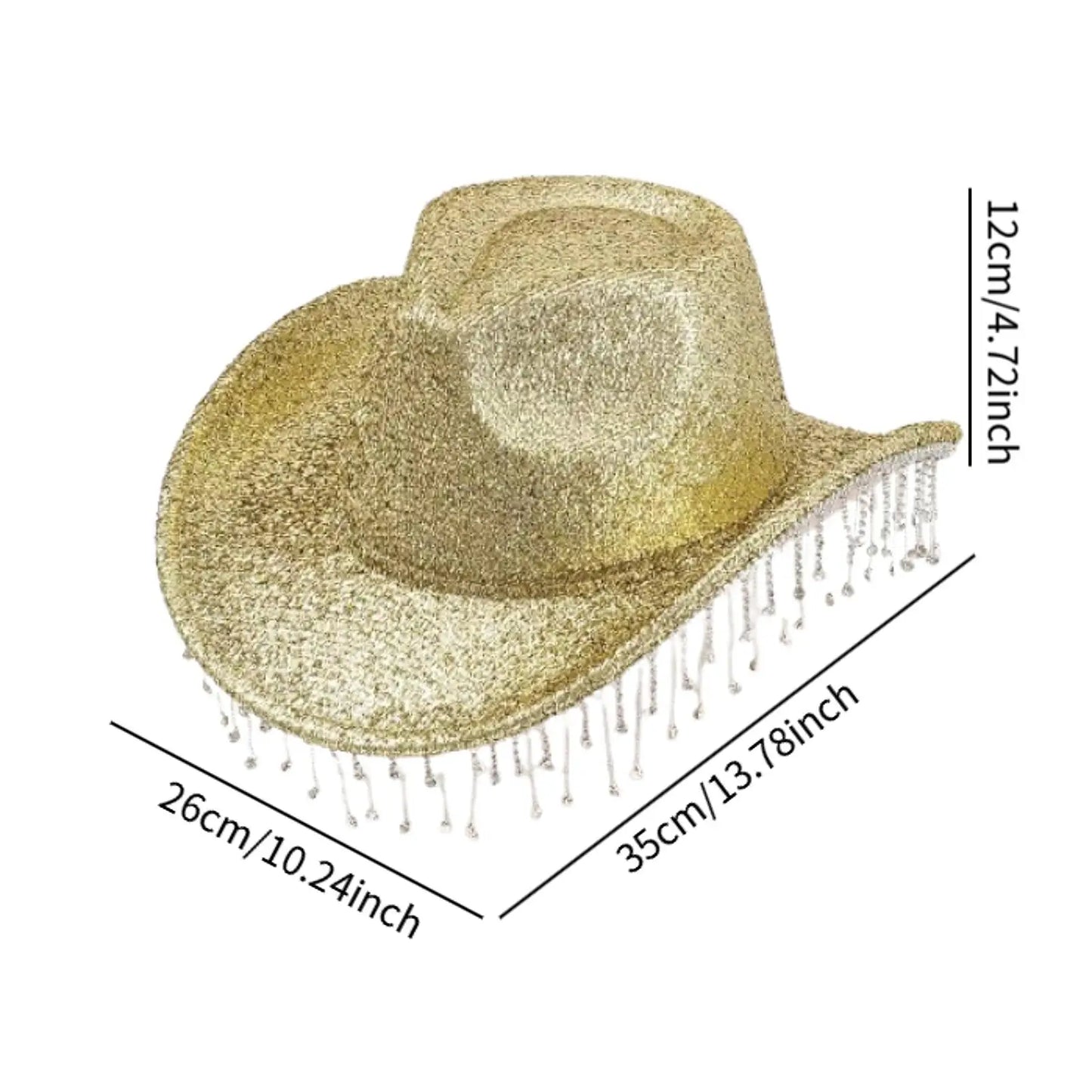 Chapeau de cowboy à large bord avec franges en strass pour femme, accessoire de fête, de cosplay, pour les fêtes, les spectacles en plein air