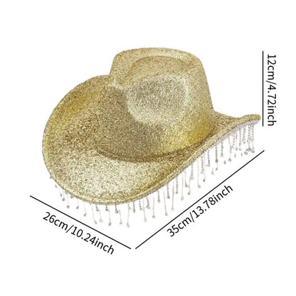Chapeau de cowboy à large bord avec franges en strass pour femme, accessoire de fête, de cosplay, pour les fêtes, les spectacles en plein air
