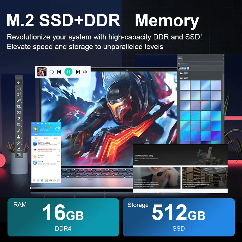 Ordinateur portable 15,6" HD Windows 11 Pro IPS Intel Celeron N4000 PC portable Déverrouillage par empreinte digitale 16 Go DDR4 1 To SSD Ordinateur portable de jeu