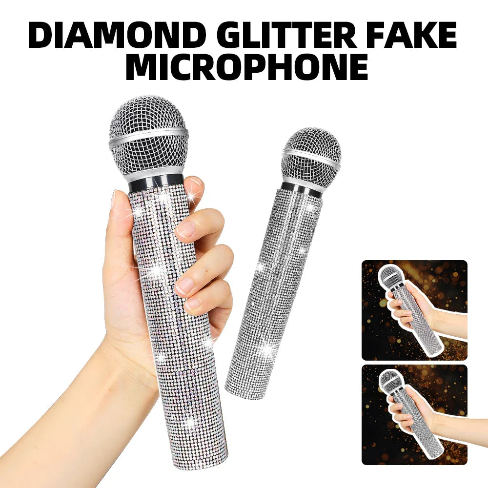 Fake Microphone Prop Sparkly Bling Rhinestones Plastic Play Microphone Pretend Glitter Bedazzled Mic for Cosplay Party Costume