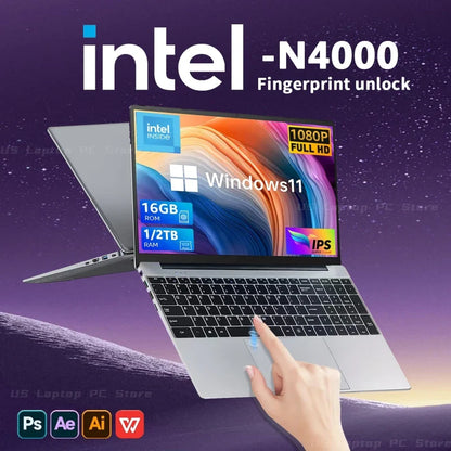 Ordinateur portable 15,6" HD Windows 11 Pro IPS Intel Celeron N4000 PC portable Déverrouillage par empreinte digitale 16 Go DDR4 1 To SSD Ordinateur portable de jeu
