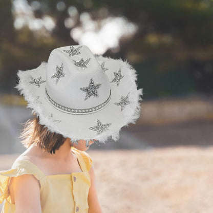 Chapeau de cowboy à large bord avec franges en strass pour femme, accessoire de fête, de cosplay, pour les fêtes, les spectacles en plein air