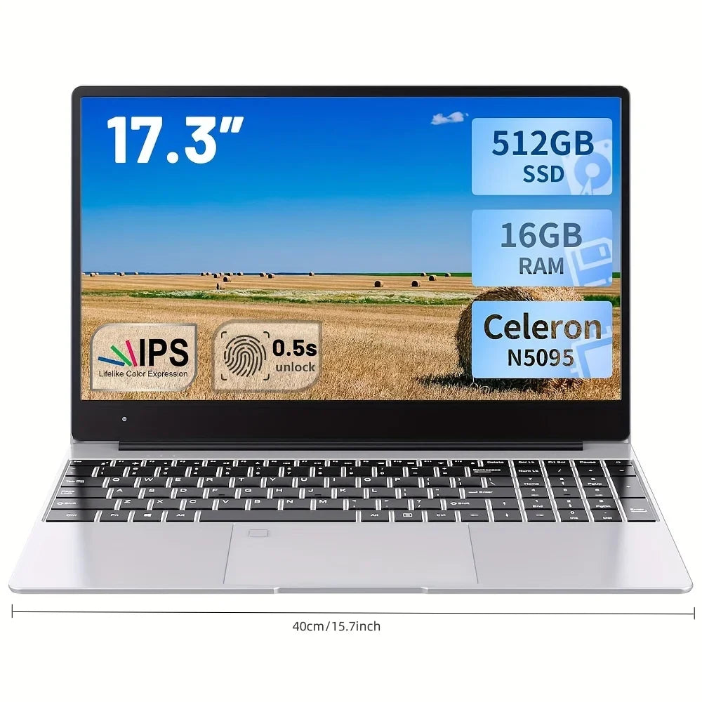 2025 New 17.3" Laptop 16GB RAM 512GB 1TB SSD Intel N5095 Portable Notebook Lightweight Backlit Keyboard Fingerprint Windows 11