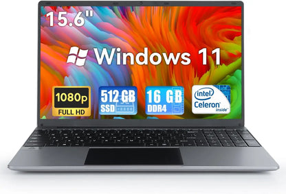 Ordinateur portable 15,6 pouces Windows 11 - 16 Go de RAM, 512 Go de SSD, processeurs Intel Celeron N5095 quadricœur, écran IPS Full HD 1080P